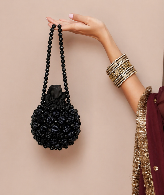 Black Beaded Mini Bucket Bag β Luxury Drawstring Evening Handbag for Women | Slaybags