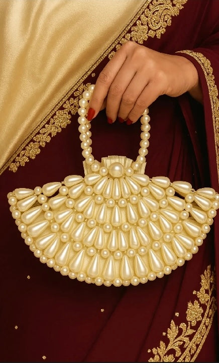 Luxury Pearl Beaded Handbag – Elegant Fan Shape Mini Clutch with Pearl Handle | Bridal Evening Party Bag for Women