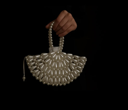 Luxury Pearl Beaded Handbag – Elegant Fan Shape Mini Clutch with Pearl Handle | Bridal Evening Party Bag for Women