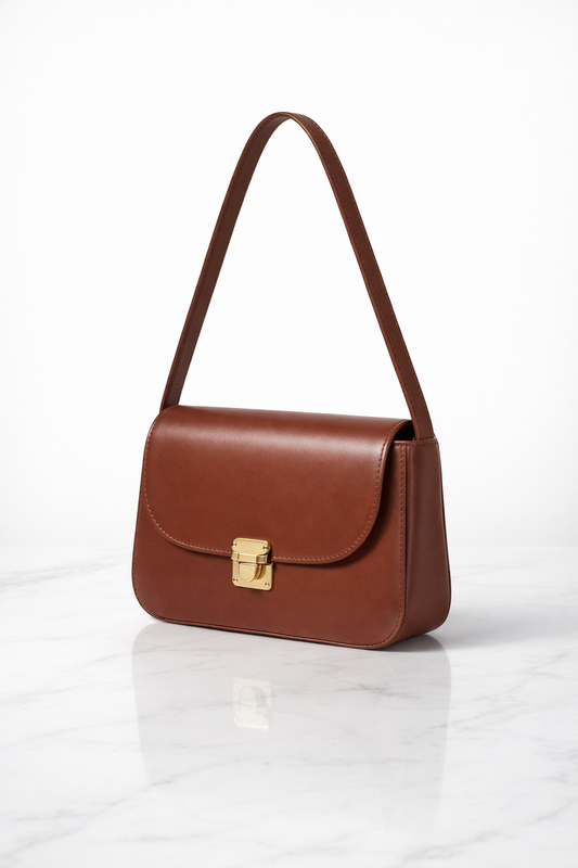 Luxury Brown Leather Mini Shoulder Bag for Women – Premium Gold Lock Handbag | Elegant Trendy Designer Purse Pakistan